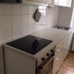 kök med elektrisk spishäll, radiator, lätta bänkskivor, och lätt golv