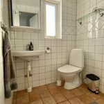 badrum med klinkergolv, naturligt ljus, spegel, handfat, och toalett