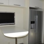 kök med rostfritt stå, kylskåp, tv, lätta bänkskivor, vita skåp, och mörkt golv