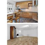 kitchen featuring range hood, dark countertops, light parquet floors, and brown cabinets