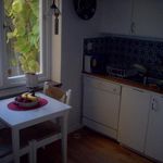 kök med parkettgolv, naturligt ljus, diskmaskin, mörka bänkskivor, och vita skåp