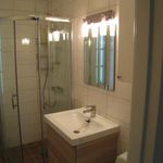 badrum med spegel, dusch, toalett, sminkbord, handfat, och duschdörr