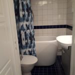 badrum med klinkergolv, toalett, duschridå, handfat, och kombinerat bad / dusch
