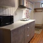 kök med parkettgolv, mikrovågsugn, köksfläkt, lätt golv, mörkbruna skåp, och lätta bänkskivor