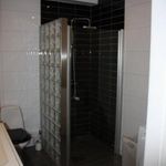 badrum med klinkergolv, duschdörr, och dusch