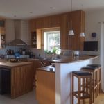 kök med rostfritt stå, köksö, köksbar, naturligt ljus, köksfläkt, tv, taklampa, lätta bänkskivor, bruna skåp, och lätt golv