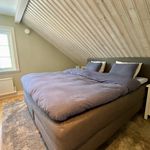 sovrum med parkettgolv, matta, välvt tak, och naturligt ljus