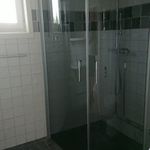 badrum med naturligt ljus, toalett, dusch, duschdörr, och handfat
