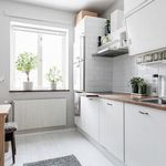 kök med klinkergolv, naturligt ljus, radiator, köksfläkt, lätta bänkskivor, vita skåp, och lätt golv
