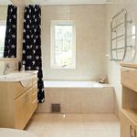 badrum med naturligt ljus, klinkergolv, spegel, duschridå, bad, toalett, sminkbord, och handfat