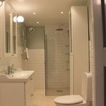 badrum med spegel, dusch, toalett, sminkbord, handfat, och duschdörr
