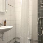 badrum med duschridå, spegel, och handfat