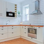kök med parkettgolv, rostfritt stå, köksfläkt, ugn, mikrovågsugn, lätta bänkskivor, lätt golv, och vita skåp