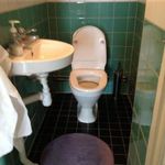 badrum med klinkergolv, handfat, och toalett