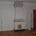 empty room with a fireplace and parquet floors