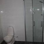 badrum med klinkergolv, duschdörr, dusch, och toalett
